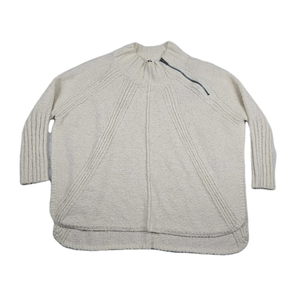 Free People Sweater Womens M/L‎ Ivory Knitted Side Slit Asymmetrical Quarter Zip